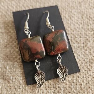 Handmade Red and Green Jasper Drop Earrings with Silver Leaf Charm
